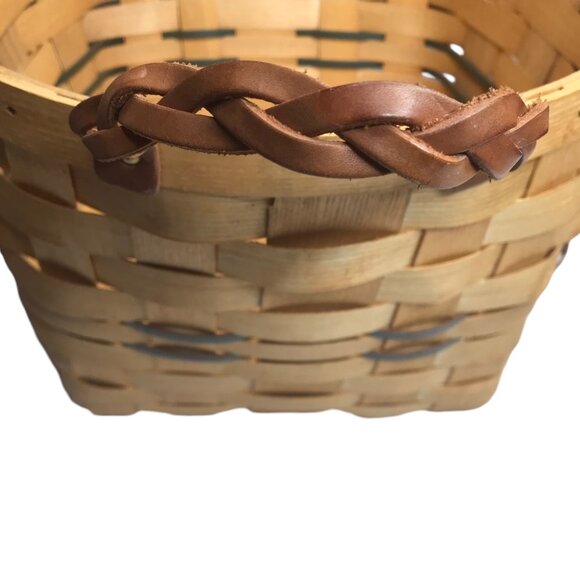 Large Handmade PETERBORO BASKET CO Amish Basket, Wood w/ Leather Braided Handles - Picture 4 of 13